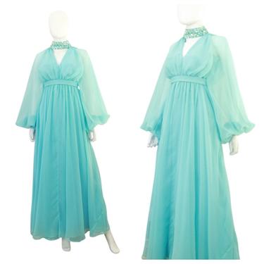 STUNNING 1960s Turquoise Blue Chiffon Ethereal Evening Gown - 1960s Aqua Sequin Dress - 1960s Chiffon Balloon Sleeve Dress | Size Small 