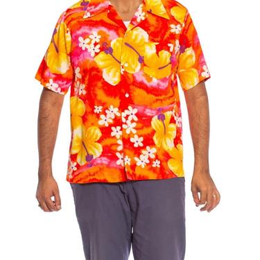 1960S Orange, Yellow  Pink Hawaiian Cotton Men's Shirt 