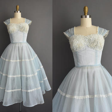 1950s vintage dress | Adorable Blue Swiss Dot Sweeping Full Skirt Summer Dress | XS Small | 50s dress 