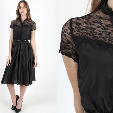 Simple Gothic Style Dress Vintage 70s Plain Black Lace Dress See Through Sheer Floral Dress 1970s Evening Full Skirt Mini Dress 
