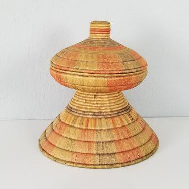 Vintage Artisanal African Hand Woven Pedestal Bowl with Lid 