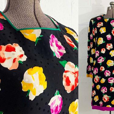 Vintage Gillian Floral Silk Dress Colorful Black Rainbow Flowers 1980s 80s Shift Short Sleeves Sleeve Party Cocktail Large XL Curvy Volup 