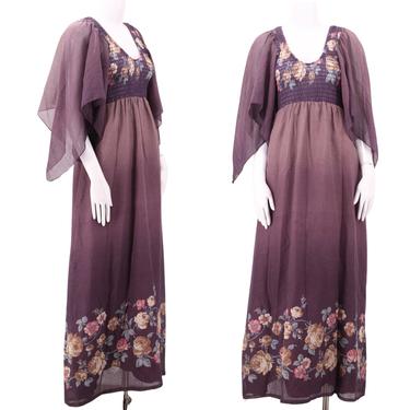 70s PHASE II floral fairy smocked maxi dress 11 / vintage 1970s hazy purple medieval maiden peasant Stevie dress gown M-L 