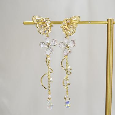 gold Butterfly Earring, flower Butterfly stud Earring, Long drop Earrings, Korean Earrings, Gift for her, gold butterfly dangle earring E032 