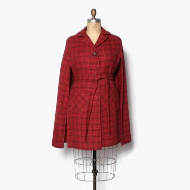 Vintage 60s Belted Wool CAPE / 1960s Raspberry Pink &amp; Red Mod Scottish Tweed Jacket 