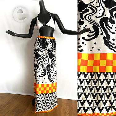 Vintage 60s MOD Maxi Skirt • Neon Orange Yellow Checkerboard + Abstract Black & White Psychedelic Print • Hippie Boho Hawaiian Tiki Oasis M 