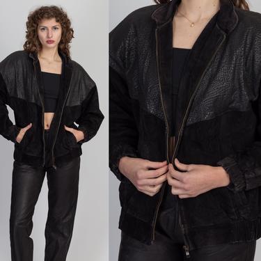 80s Snakeskin Embossed Suede Moto Jacket - Medium | Vintage Black Leather Bomber Coat 