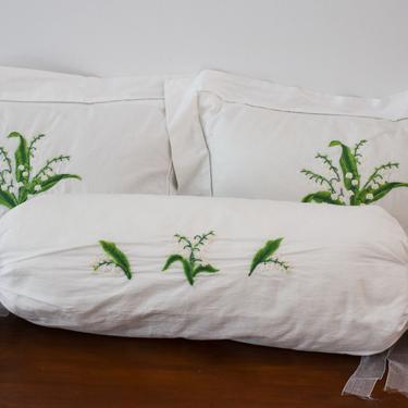 Set of Embroidered Lily of the Valley Decorative Pillows. White Floral French Linens by Valombreuse. Decorative Throw Pillows for Bed. 