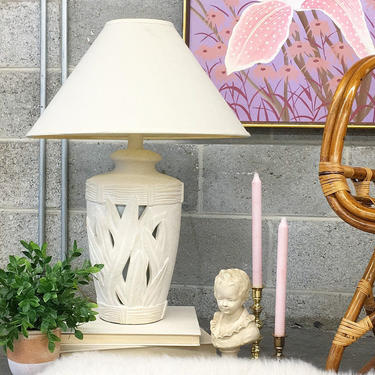 Vintage Table Lamp 1990s Contemporary + White Plaster + Leaf Design + Lamp with Coolie Shade + Mood Lighting + Home + Table Decor 