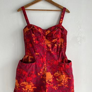 1950s Vivid Red and Orange Tropical Print Alfred Shaheen Swimsuit Romper Cotton VLV 36/38 Bust Vintage 