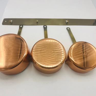 Vintage Copper  (4) PC Measuring Cup set with Nickle Lining -Brass handles- Brass Hooks- Wall Hanging 