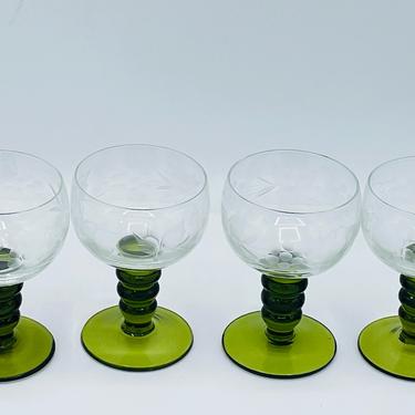 Vintage Set of 4 Roemer blown glass, Oilve Green stemmed, Cordial Liquor goblet with etched grape design bowl- Germany- 