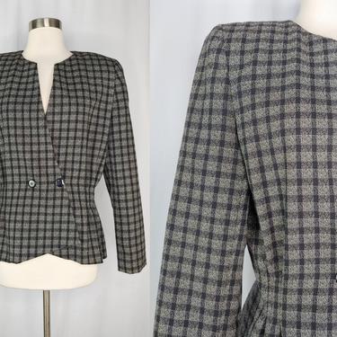 Vintage Nineties Christian Dior Plaid Wool Collarless Blazer - 90s Size 10 Fitted Waist Strong Shoulder Dior Jacket 