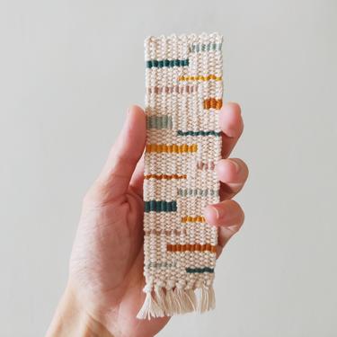 Hand Woven Bookmark - Mustard, Teal, Yellow, Pale Blue, Mauve - Modern, Multicolor, Geometric - Handwoven Cotton - Bookworm, Book Lover Gift 