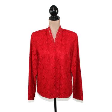 Long Sleeve Red Lace Blouse Women Large, Dressy Top Button Up with Shoulder Pads, 1980s Clothes 80s Vintage Clothing, NWT Karen Scott Petite 