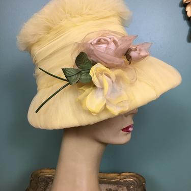 1960s hat, yellow tulle hat, vintage 60s hat, bonnet style hat, victorian style hat, vintage millinery, summer hat, hat with flowers, derby 