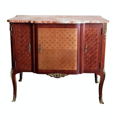 Early 20th Century French Transition Louis XV XVI Style Marble Top Mahogany Chest Commode Server Sideboard 