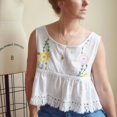 Vintage Ruffled Crop Top with Hand Embroidery | Made from 1940s Fabric | We, Mcgee-Made Ruffled Picnic Top | Embroidered Floral Lattice | L 