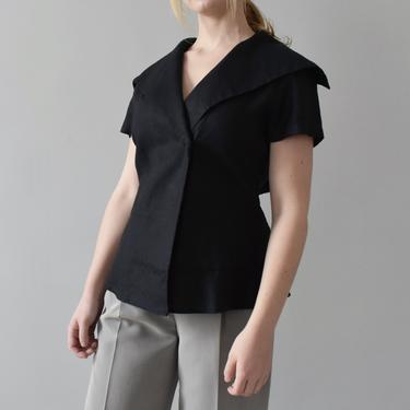 vintage linen wrap blouse / black sailor collar shirt / M 