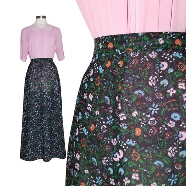 Vintage Floral Maxi Skirt, Large / Dark Floral 1970s Hostess Skirt / Black Ankle Length Skirt / Semi Sheer Crepe Polyester Skirt 