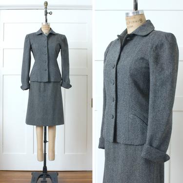 vintage 1950s women's suit • grey tweed wool nipped waist tailored jacket & pencil skirt set 