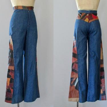 PATCH YOU LATER 70s Vintage Clovis Jeans, 1970s High Waist Denim Bell Bottoms w/ Leather Patchwork | Flares Boho Hippie Funk, Small Waist 27 