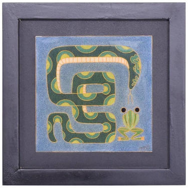 Modern Enamel Wall Art Whimsical Frog and Snake Cool Blue and Green 1980s 