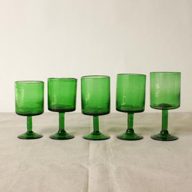 Vintage Retro Handblown Deep Green Bubble Glass Tiered Goblet Set | Set 0f 5 | Modern, Barware, Home Decor, Boho | Tumbler Bubble Glassware 