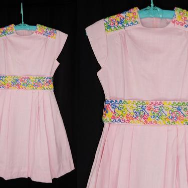 Vintage Sixties Girl's Size 8 Cinderella Brand Pink Fit and Flare Belted Dress with Rainbow Embroidery 