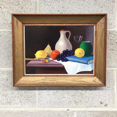 Vintage Painting Retro 1980s Size 18x14 + Still Life + Oil + Fruit and Wine + Nature Morte + Art + Wood Frame + Wall Art and Home Decor 