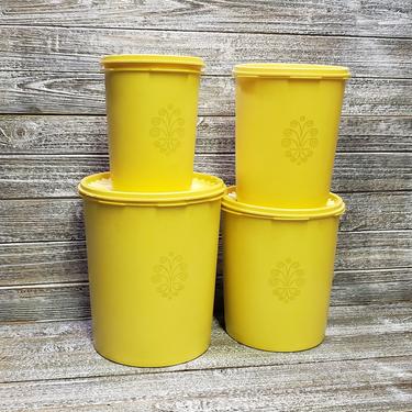 Vintage Tupperware Canisters, 1970s Yellow Gold Servalier Canister Set, 4 Nesting Kitchen Canisters + Lids, Mid Century Vintage Kitchen 