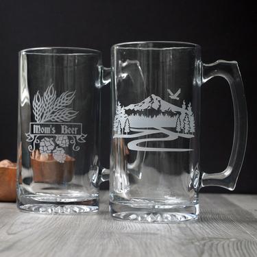 Father's Day 28oz Beer Mug Glass Tankard - engraved Mountain, Cat, or Barley Logo 