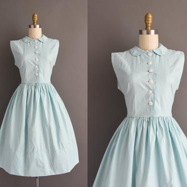 1950s vintage dress | Mint Blue Textured Cotton Full Skirt Summer Shirt Dress | Small | 50s dress 