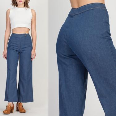 60s 70s Denim Look Bell Bottoms - Extra Small, 24.75&quot;  | Vintage Blue High Waist Flared Leg Boho Trousers 