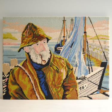Vintage Fisherman Needlepoint Wall Hanging, 26&quot; x 20&quot; Nautical Fisherman with Smoking Pipe and Boats and the Marina 