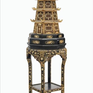 Antique Chinese Carved Lacquer Gilt Wood Pagoda Electrified Floor Lamp On Stand 