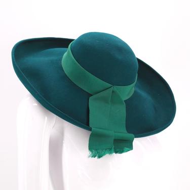 70s DON MARSHALL felt wide brim hat / vintage 1970s emerald jade green classic ribbon hat 
