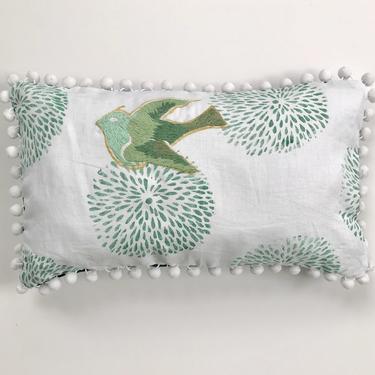 Embroidered Dove Pillow in Greens