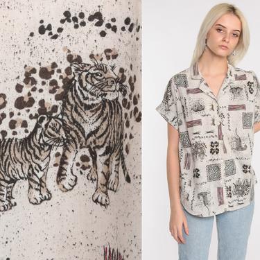 Safari Animal Shirt Leopard Tiger Shirt 90s Surfer Top Africa Print Jungle Blouse 80s Button Up Hawaiian Beach Short Sleeve Large 