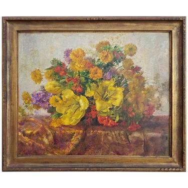 1940s Still Life Floral Oil Painting with Original Frame 