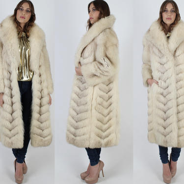 Full Length Arctic Fox Fur Coat / Chevron Striped Real Fur / Leather Inlay Paneling / Vintage Shawl Collar Chubby Plush Ivory Long Jacket 