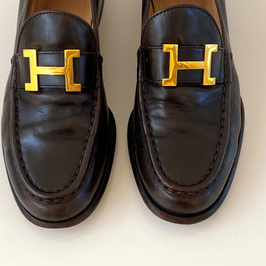 Vintage HERMES H Logo Gold / Brown Leather Loafers Driving Flats Shoes It 38.5 us 8 - 8.5 