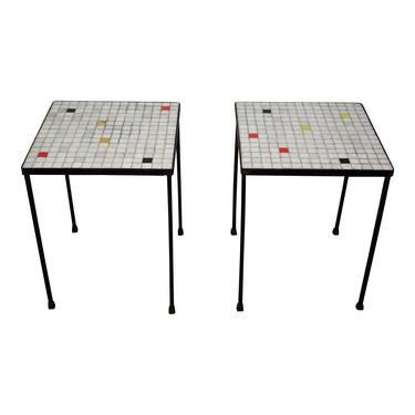 Vintage Mid Century Modern Salterini Style Mosaic Tile Top Iron Base Tables- a Pair
