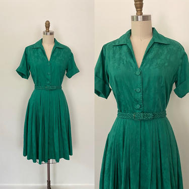 Vintage 1950s Dress 50s Shirtwaist Emerald Green Cotton Brocade 