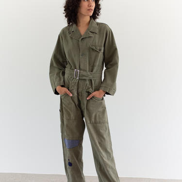 Vintage Green Herringbone Twill Belted Coverall | Mended Cotton Jumpsuit Flight Suit Studio | Boilersuit | M | GC002 