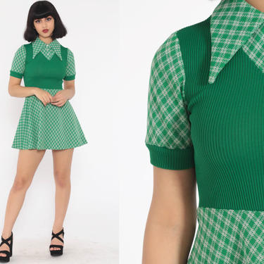 70s Mod Dress Mini Green Plaid Button Up Collar Knit High Waisted Checkered Print Twiggy 1970s Polyester Short Sleeve Extra Small xs 0 