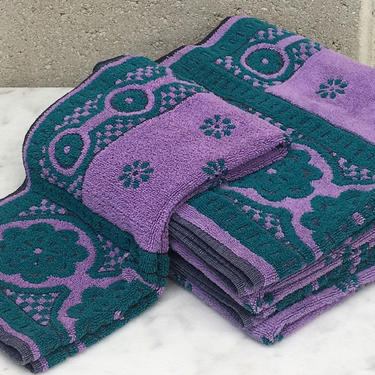 Vintage Martex Towel Set Retro 1960s Mid Century Modern + Set of 3 + Two Body Towels + One Hand Towel + Purple + Green + Floral + Bathroom 