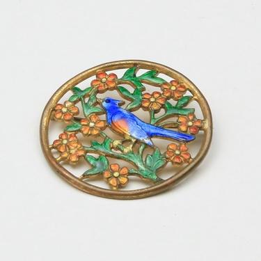 Vintage Enamel Blue Bird Circle Brooch Pin with Flowers & Branches Spring 