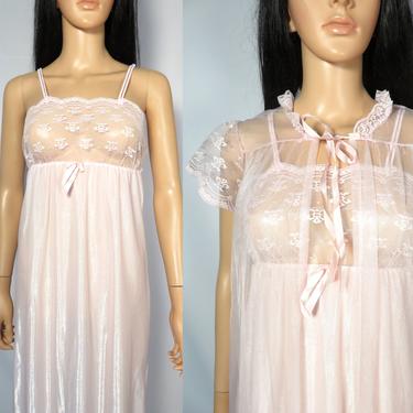 Vintage 70s/80s Pastel Pink Lace Nightgown With Sheer Robe Made In USA Size S 