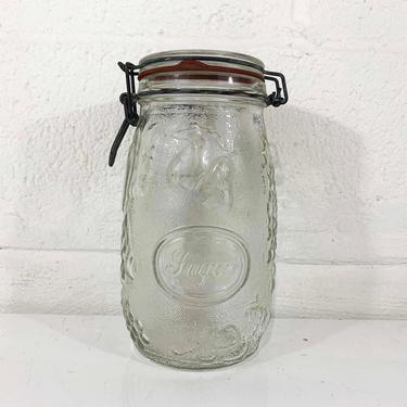 Vintage Glass Kitchen Canister MCM Typography Sugar Baking Storage 1.5 Liter Triomphe France Hermetic Seal Top Metal Wire Bale 